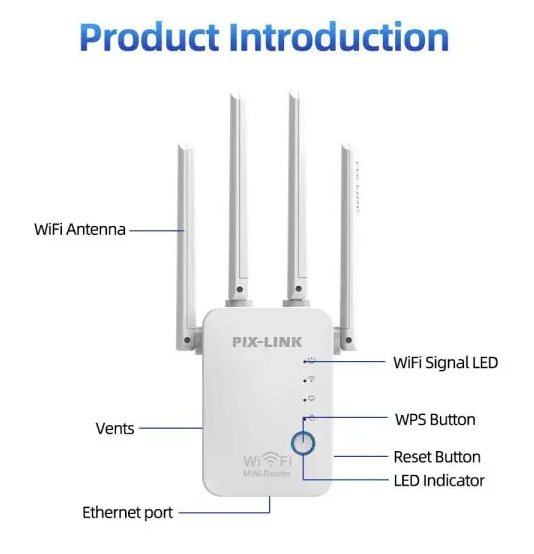 PIX-LINK N300 WiFi Repeater 300Mbps – 2.4G Wireless Signal Amplifier Router Range Extender with 4 External Antennas (WR09B)